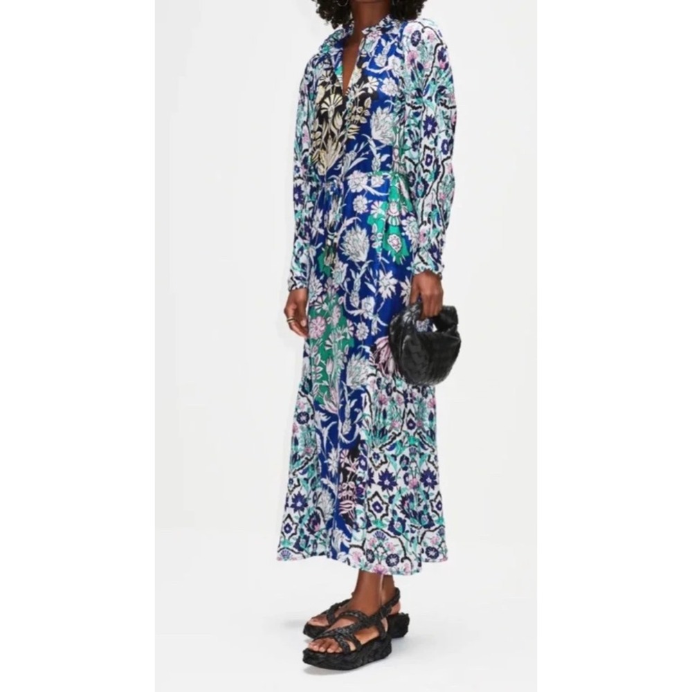 Maria Cher Sea Horse Silk Floral Maxi Dress‎ Blue Print Size Small